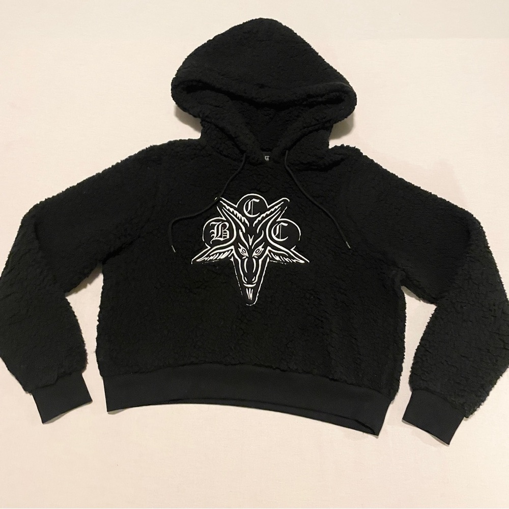 BlackCraft Cult Baphomet Sherpa Fleece Cropped Hoodie Black Large Goat